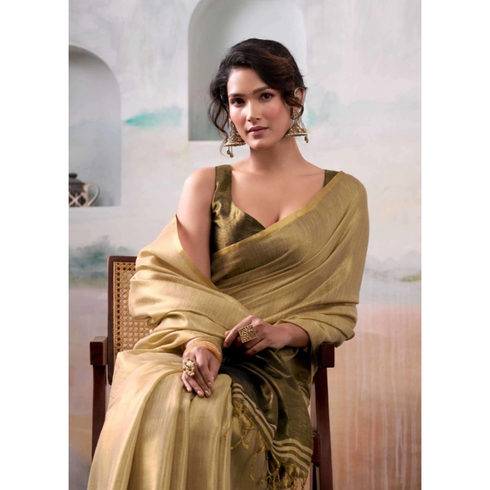 Spherevant Women's Tissue Silk Solid Saree With Unstitched Blouse 5.5Mtr (Gold)