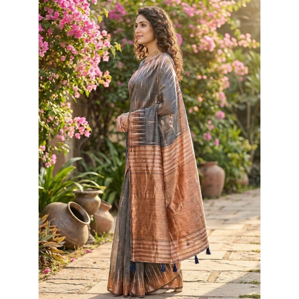 Spherevant Women's Linen Cotton Printed Saree With Unstitched Blouse 5.5Mtr (Grey)