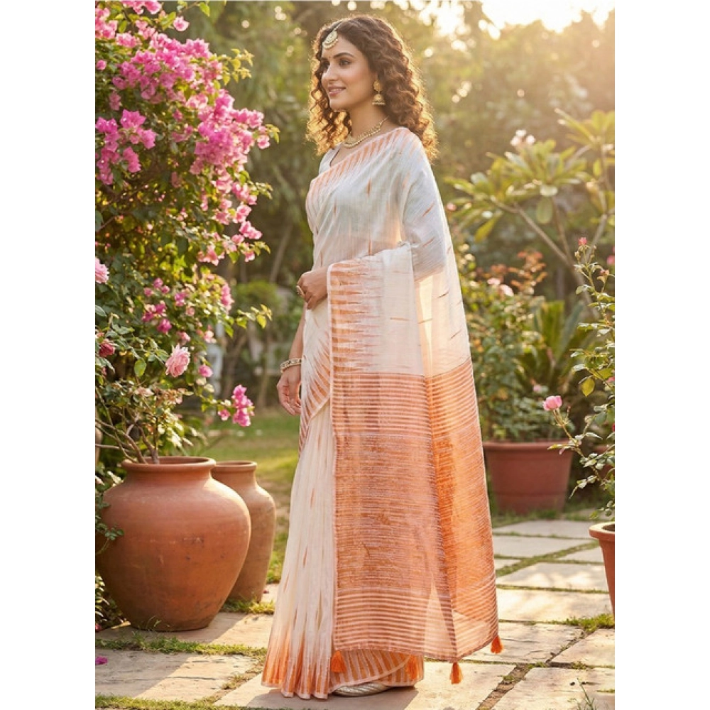Spherevant Women's Linen Cotton Printed Saree With Unstitched Blouse 5.5Mtr (White)