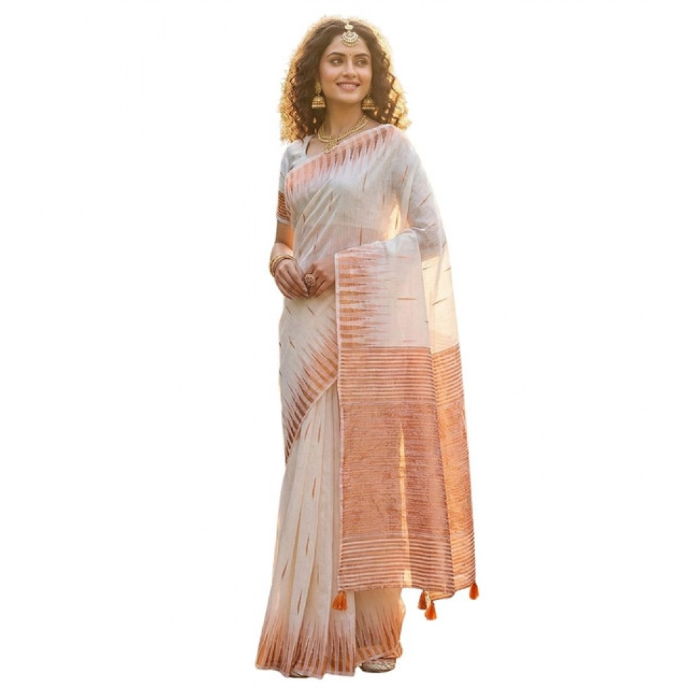 Spherevant Women's Linen Cotton Printed Saree With Unstitched Blouse 5.5Mtr (White) - Image 2