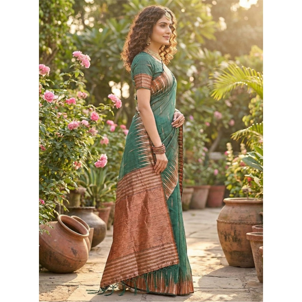 Spherevant Women's Linen Cotton Printed Saree With Unstitched Blouse 5.5Mtr (Green)