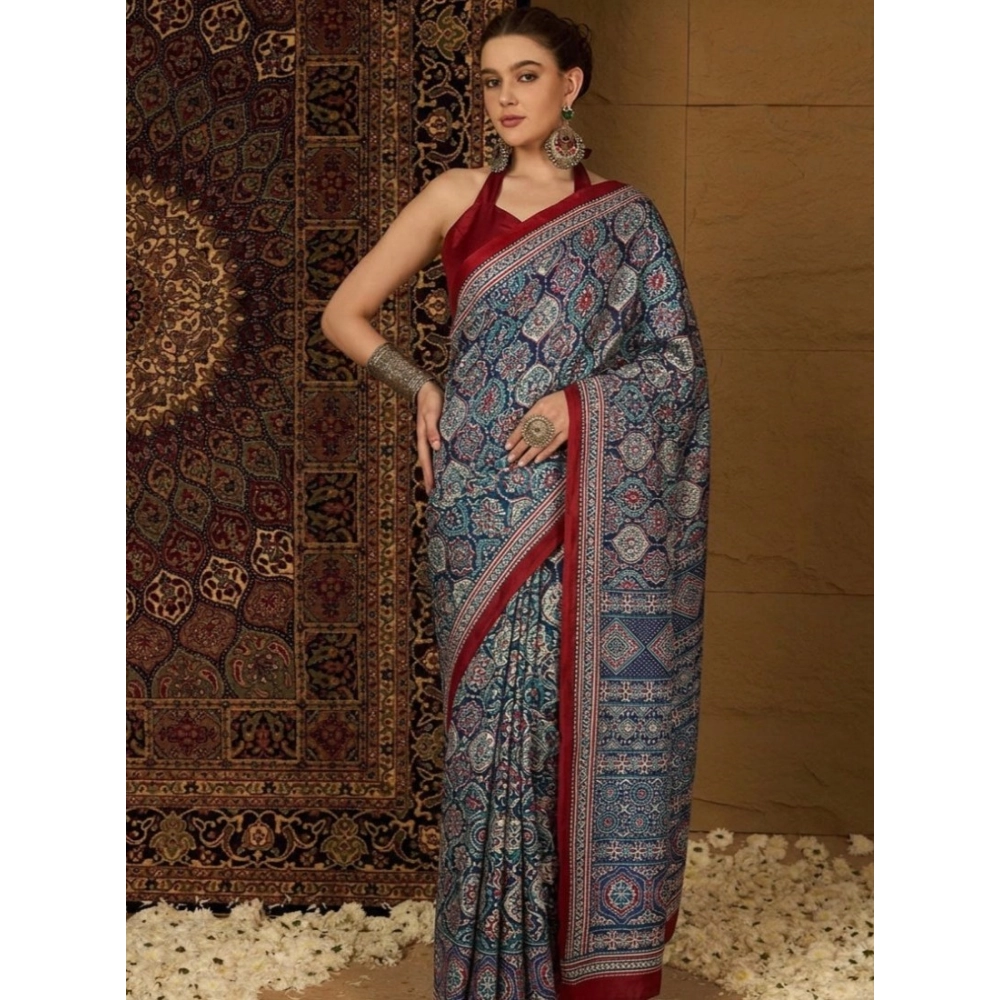 Spherevant Women's Crepe Printed Saree With Unstitched Blouse 5.5Mtr (Navy Blue)
