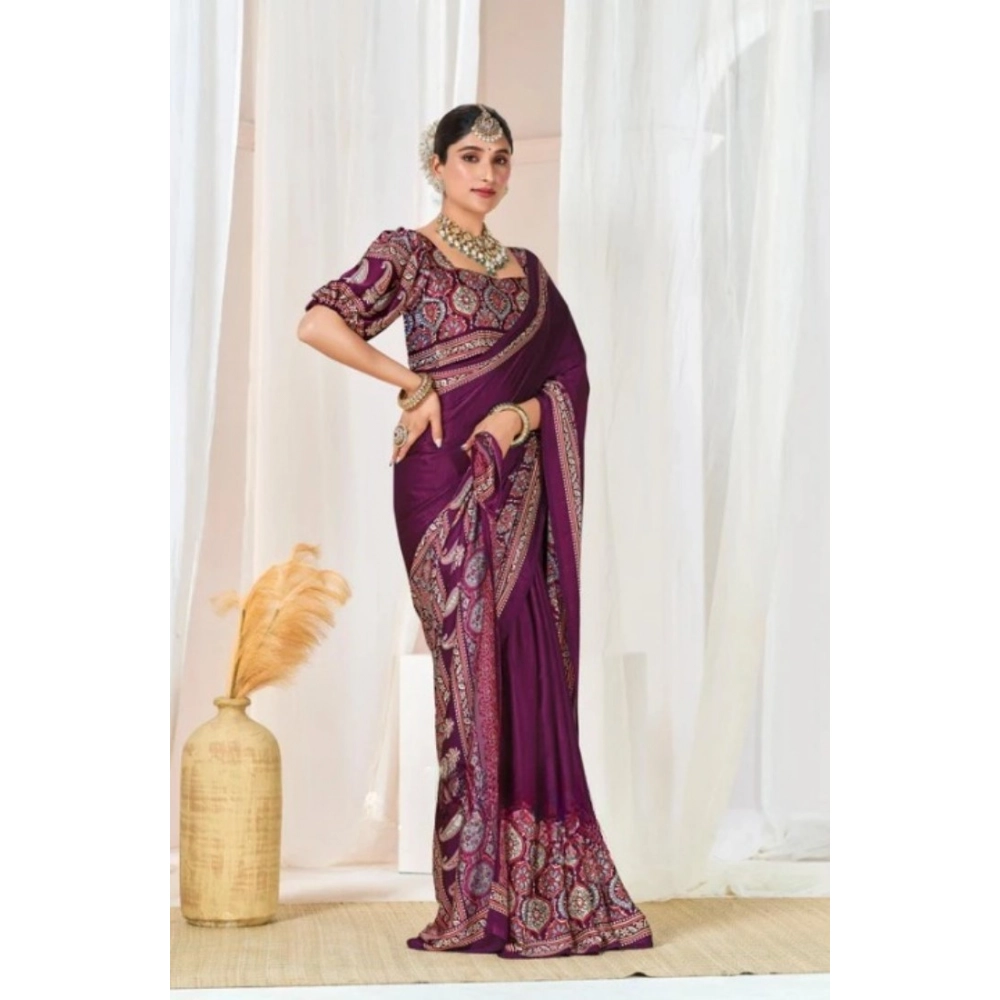 Spherevant Women's Crepe Printed Saree With Unstitched Blouse 5.5Mtr (Wine)