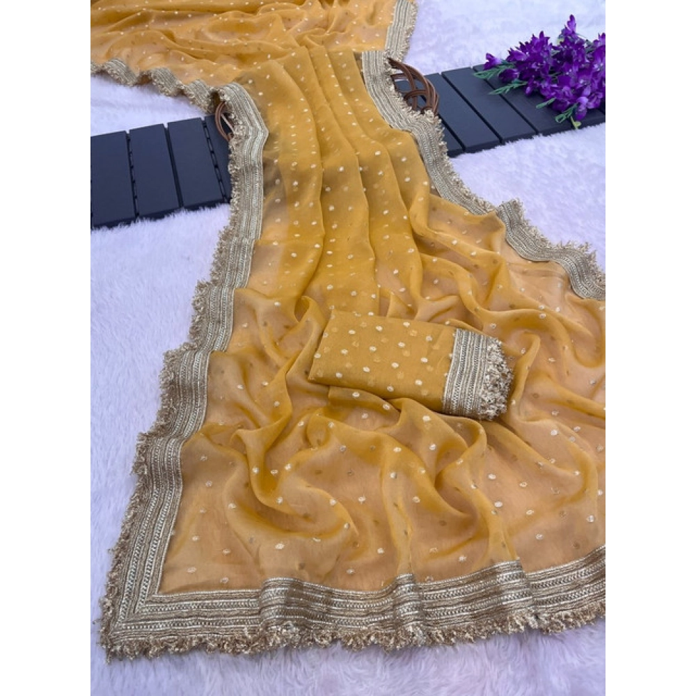 Spherevant Women's Silk Embellished Saree With Unstitched Blouse 5.5Mtr (Yellow) - Image 5