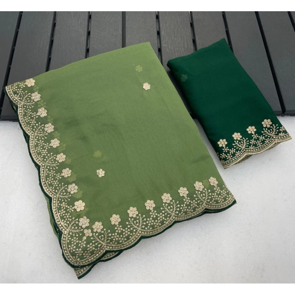 Spherevant Women's Star Georgette Embroidered Saree With Unstitched Blouse 5.5Mtr (Green)