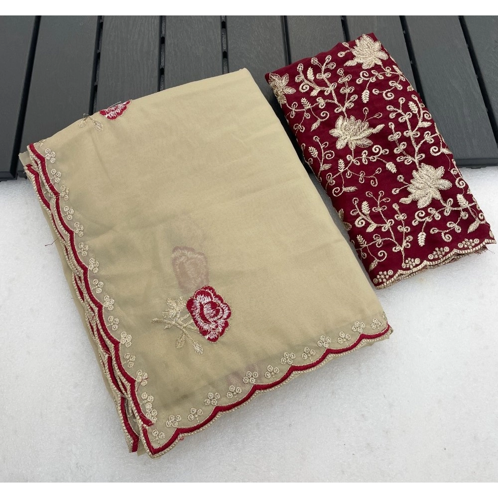 Spherevant Women's Star Georgette Embroidered Saree With Unstitched Blouse 5.5Mtr (Cream)
