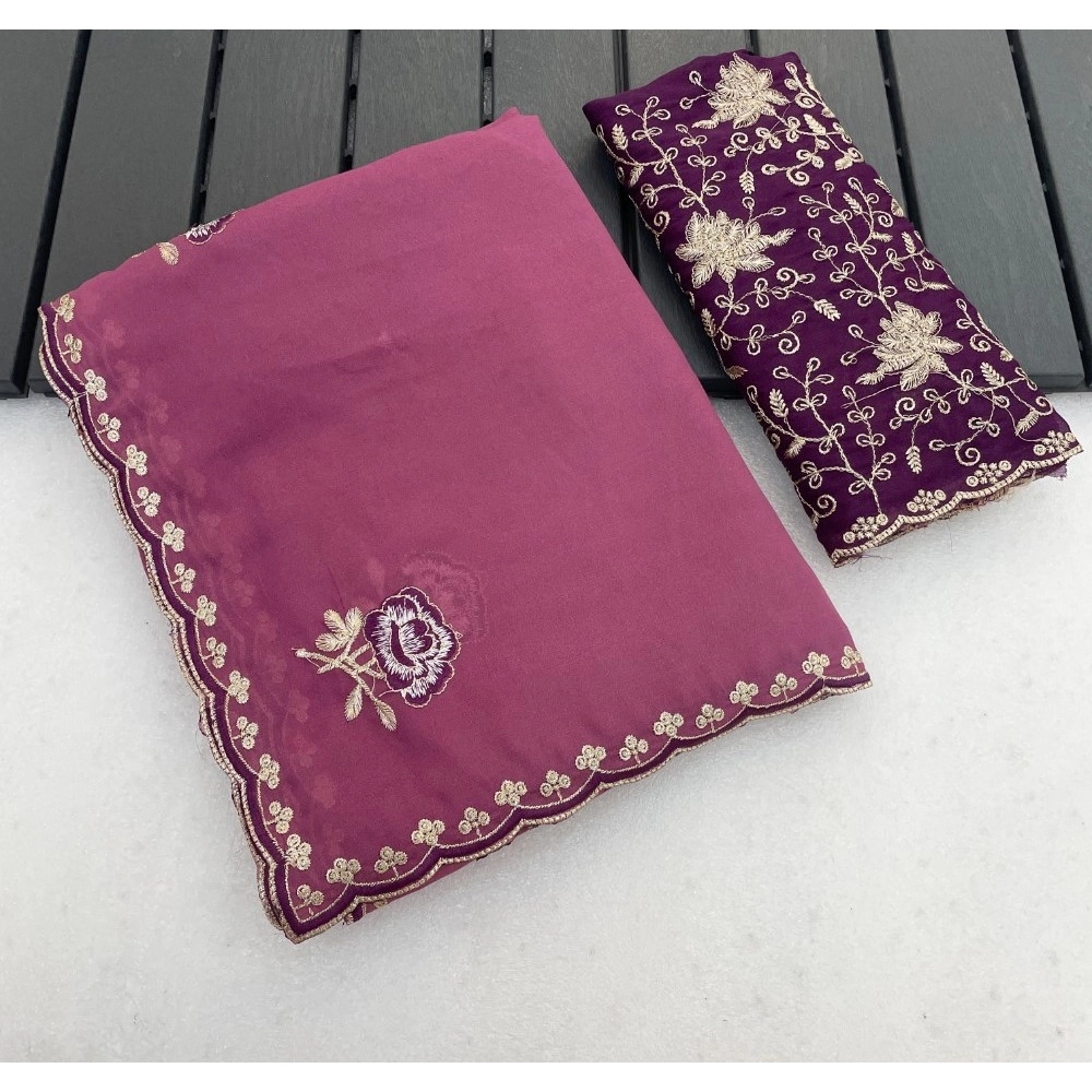 Spherevant Women's Star Georgette Embroidered Saree With Unstitched Blouse 5.5Mtr (Pink)