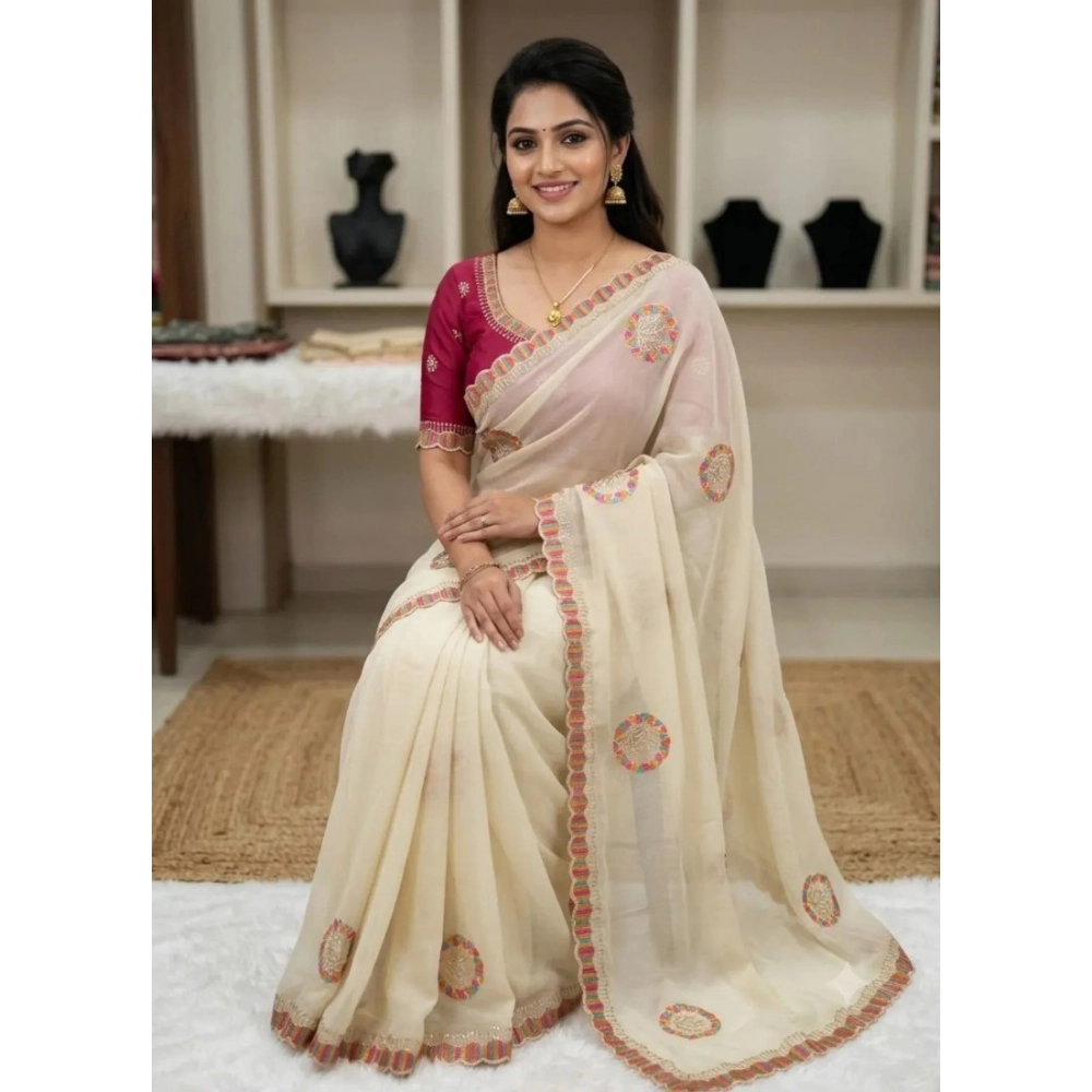 Spherevant Women's Star Georgette Embroidered Saree With Unstitched Blouse 5.5Mtr (Cream)