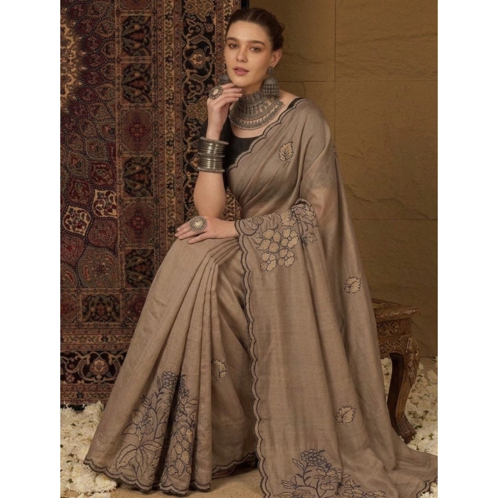 Spherevant Women's Viscose Silk Embroidered Saree With Unstitched Blouse 5.5Mtr (Brown)