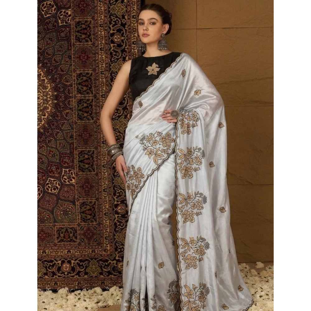 Spherevant Women's Viscose Silk Embroidered Saree With Unstitched Blouse 5.5Mtr (Grey)