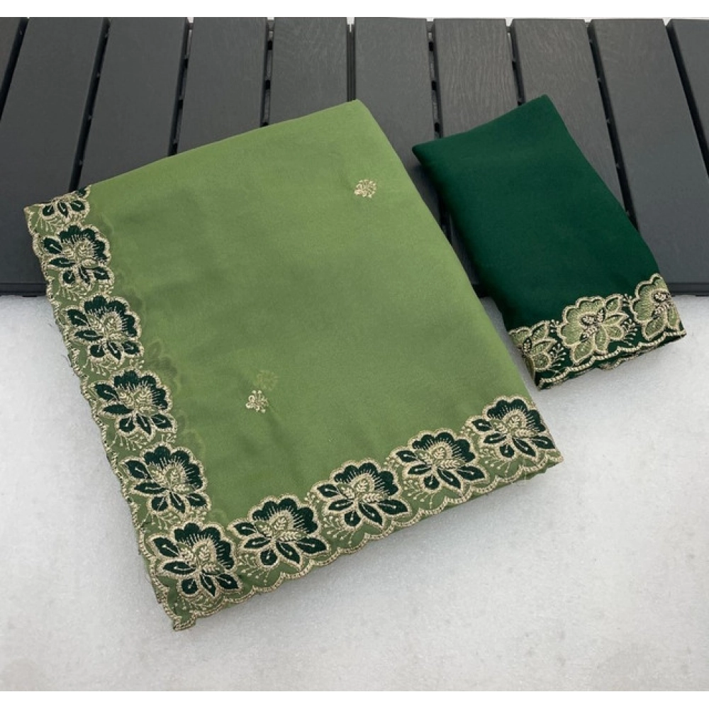 Spherevant Women's Star Georgette Embroidered Saree With Unstitched Blouse 5.5Mtr (Green) - Image 3
