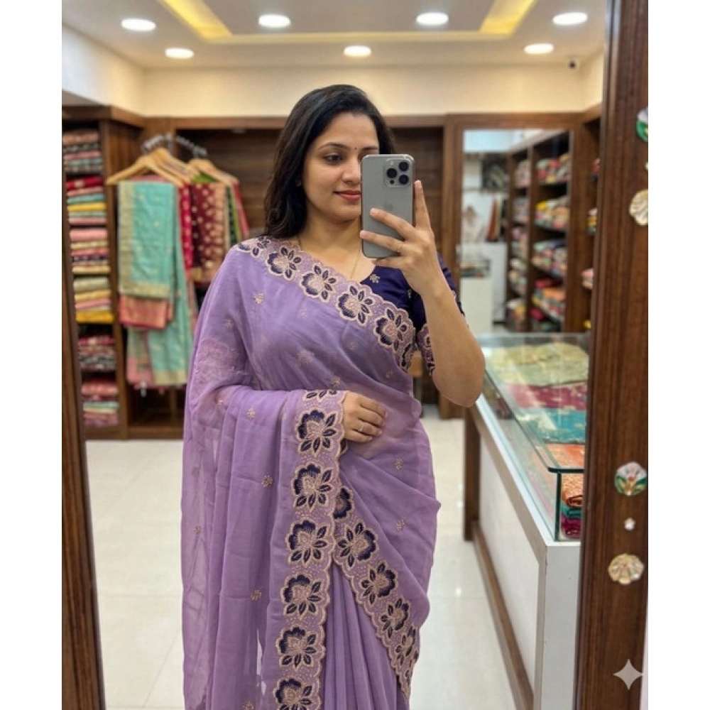 Spherevant Women's Star Georgette Embroidered Saree With Unstitched Blouse 5.5Mtr (Purple)