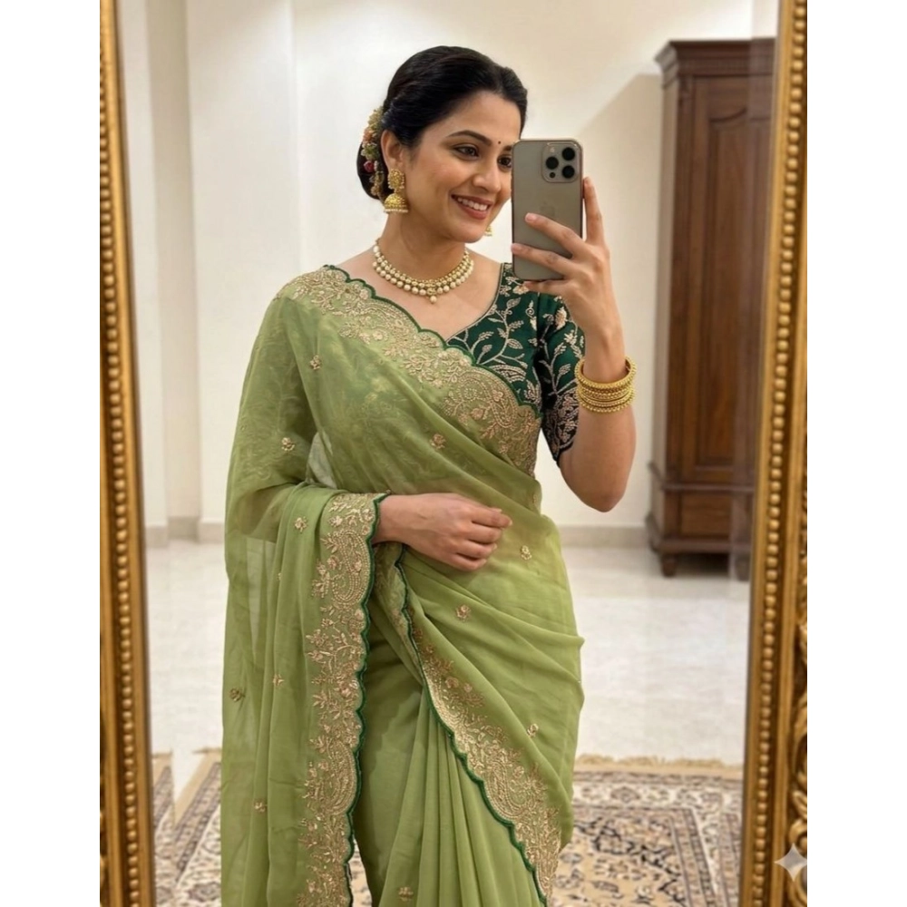 Spherevant Women's Star Georgette Embroidered Saree With Unstitched Blouse 5.5Mtr (Green)