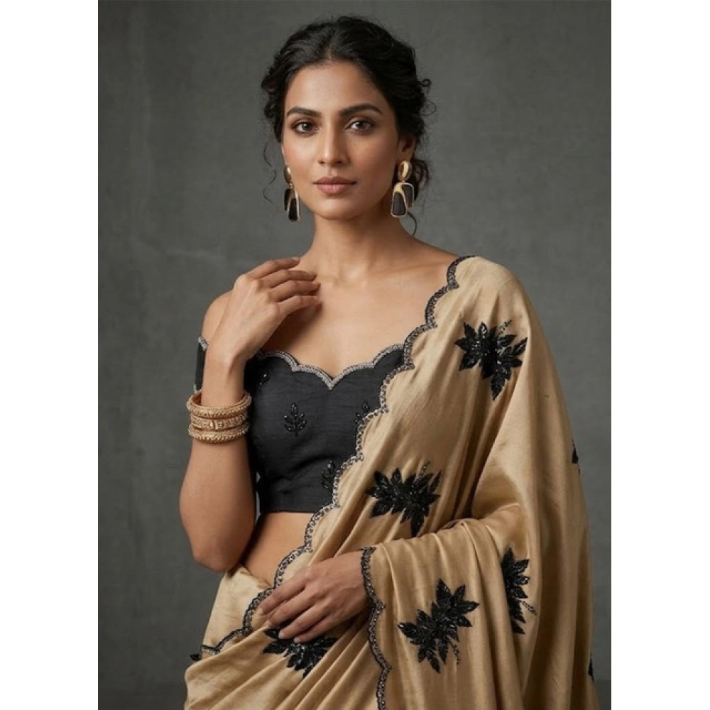 Spherevant Women's Viscose Silk Embroidered Saree With Unstitched Blouse 5.5Mtr (Beige)