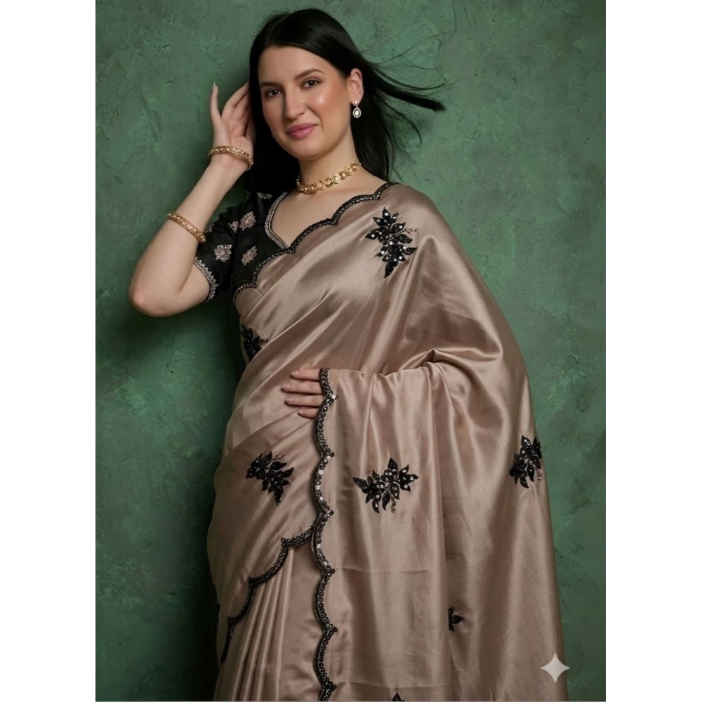 Spherevant Women's Viscose Silk Embroidered Saree With Unstitched Blouse 5.5Mtr (Beige)