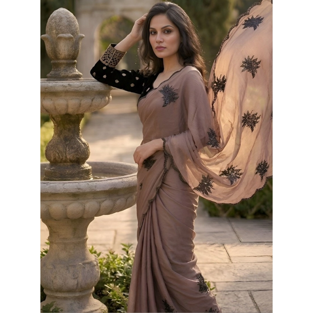 Spherevant Women's Viscose Silk Embroidered Saree With Unstitched Blouse 5.5Mtr (Brown)