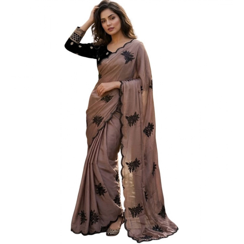 Spherevant Women's Viscose Silk Embroidered Saree With Unstitched Blouse 5.5Mtr (Brown) - Image 2