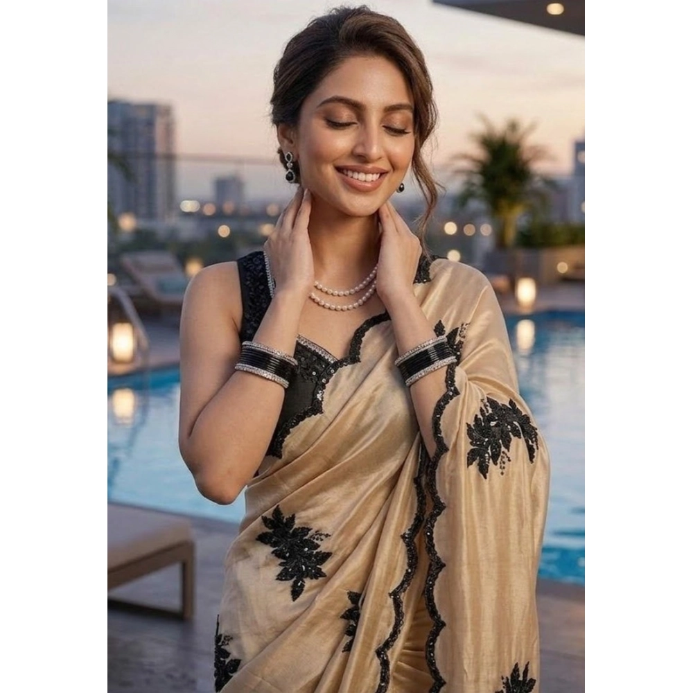Spherevant Women's Viscose Silk Embroidered Saree With Unstitched Blouse 5.5Mtr (Beige)