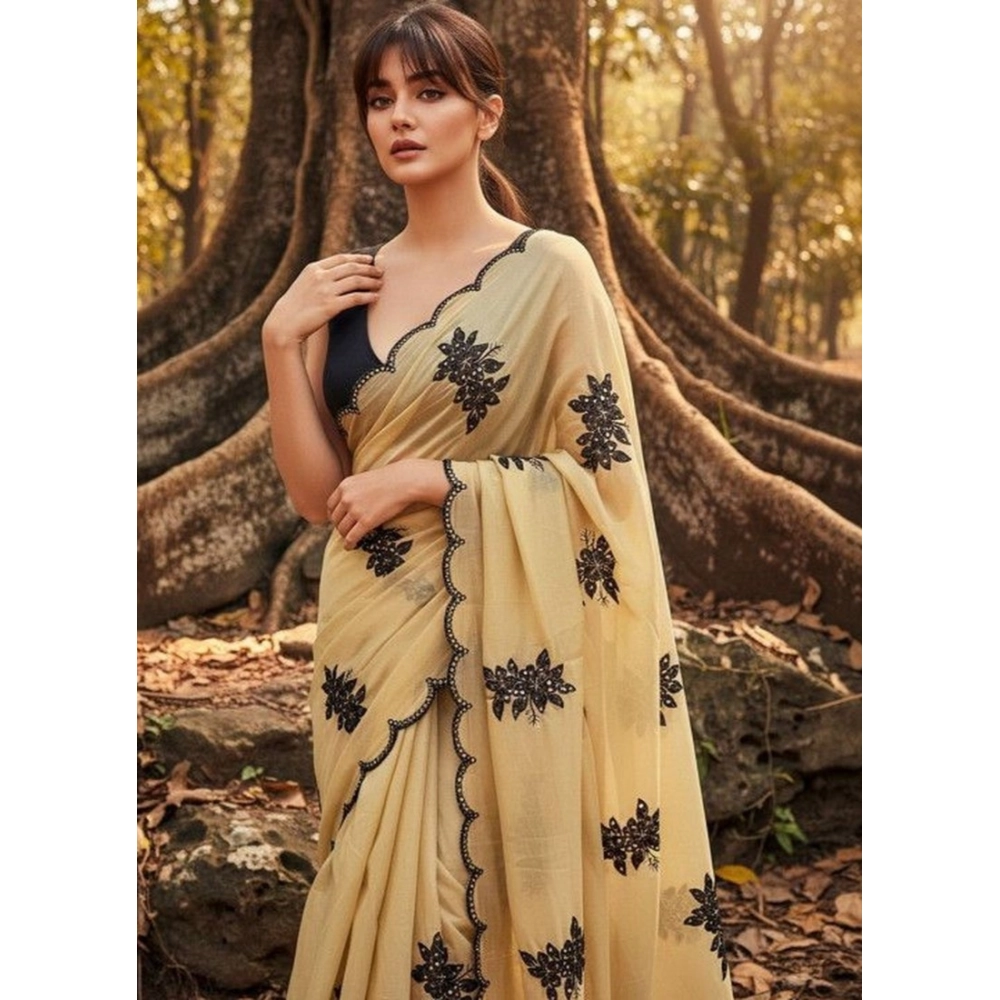 Spherevant Women's Viscose Silk Embroidered Saree With Unstitched Blouse 5.5Mtr (Beige)