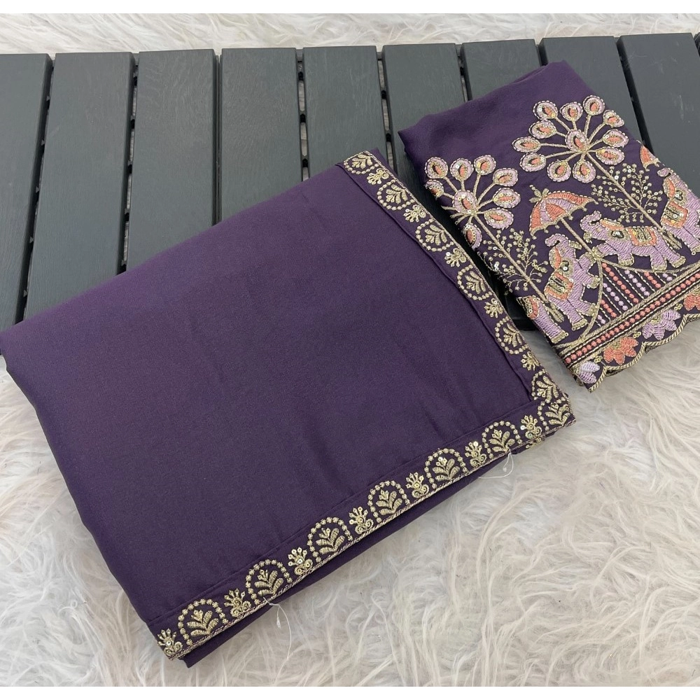 Spherevant Women's Art Silk Embroidered Saree With Unstitched Blouse 5.5Mtr (Lavender)