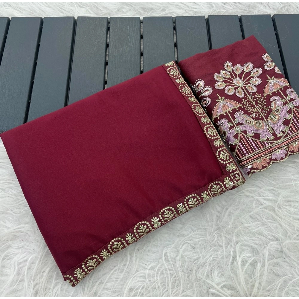 Spherevant Women's Art Silk Embroidered Saree With Unstitched Blouse 5.5Mtr (Maroon)
