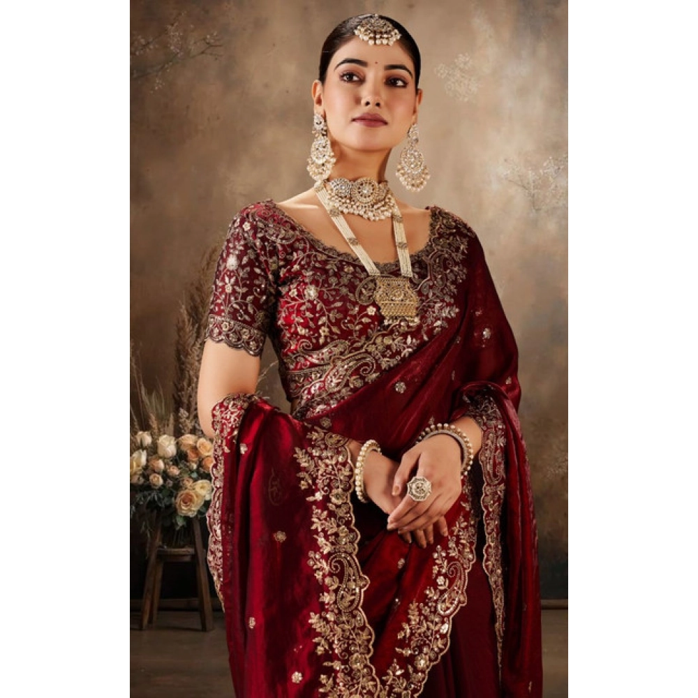 Spherevant Women's Silk Embroidered Saree With Unstitched Blouse 5.5Mtr (Maroon)