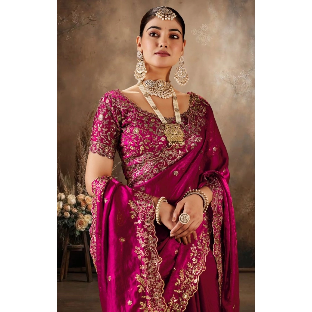 Spherevant Women's Silk Embroidered Saree With Unstitched Blouse 5.5Mtr (Pink)
