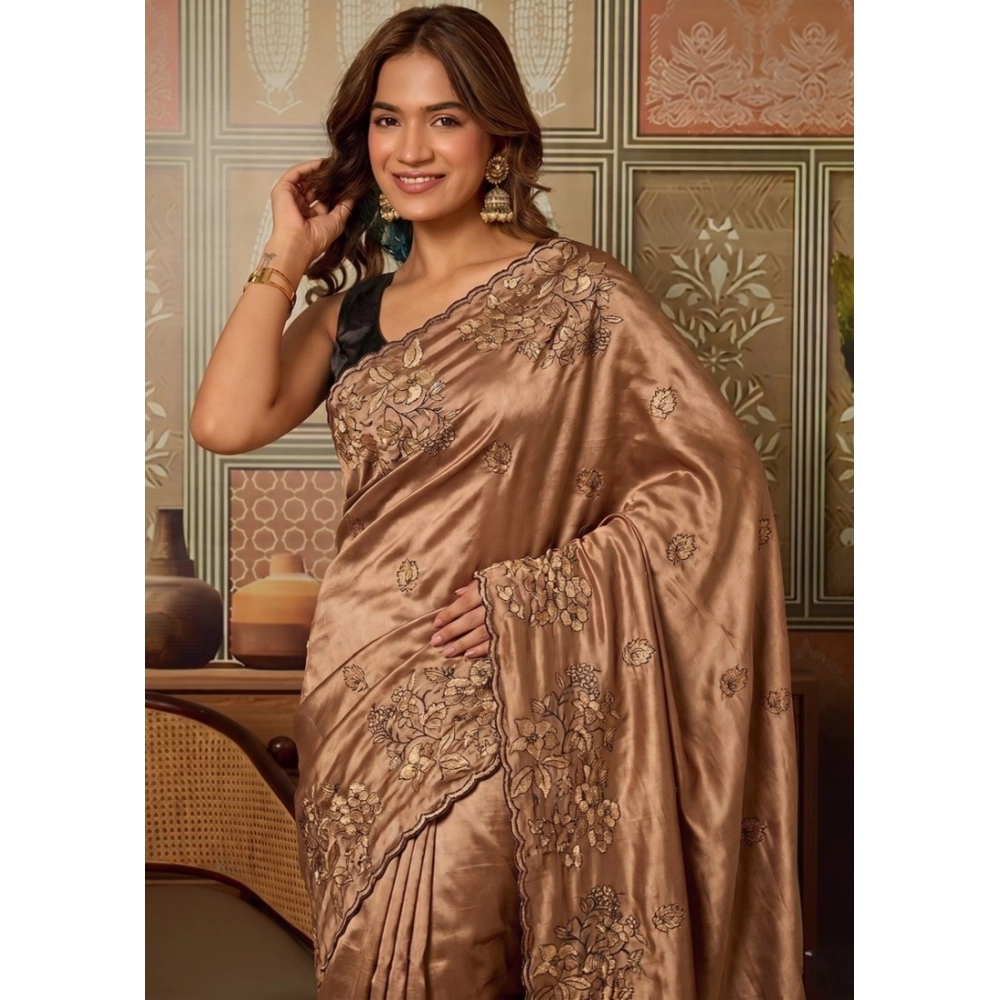 Spherevant Women's Viscose Silk Embroidered Saree With Unstitched Blouse 5.5Mtr (Brown)