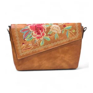 Spherevant Women's Polyurethane Floral Embroidered Crossbody Sling Bag with Adjustable & Removable Strap (Tan)