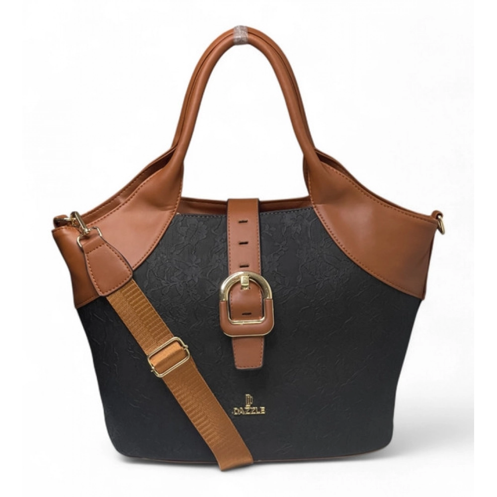 Spherevant Women's Polyurethane Textured Two-Tone Tote Handbag with Adjustable & Removable Strap (Black-Tan)