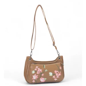 Spherevant Women's Polyurethane Floral Embroidered Crossbody Sling Bag with Adjustable & Removable Strap (Tan)