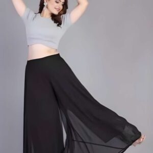 Spherevant Women's Pack of 1 Georgette Solid High Rise Wide Leg Flared Palazzo with Elastic Waist (Black)