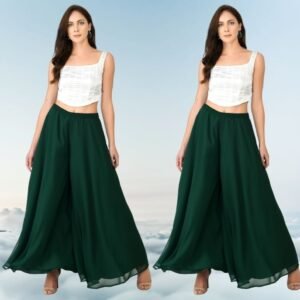 Spherevant Women's Pack of 2 Georgette Solid High Rise Wide Leg Flared Palazzos with Elastic Waist (Bottle Green)