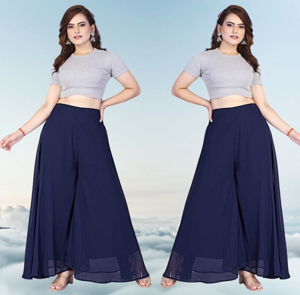 Spherevant Women's Pack of 2 Georgette Solid High Rise Wide Leg Flared Palazzos with Elastic Waist (Navy Blue)