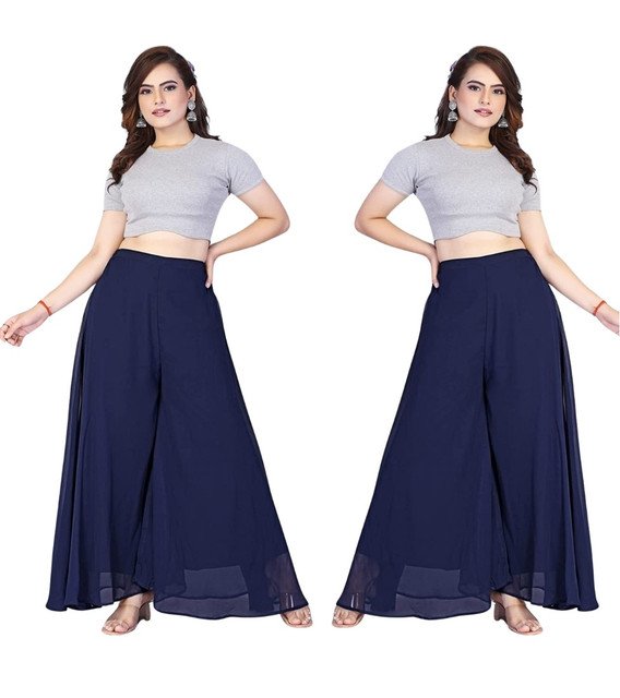 Spherevant Women's Pack of 2 Georgette Solid High Rise Wide Leg Flared Palazzos with Elastic Waist (Navy Blue) - Image 2