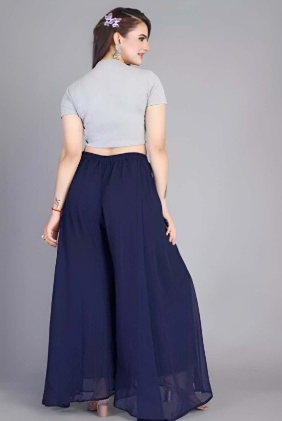 Spherevant Women's Pack of 2 Georgette Solid High Rise Wide Leg Flared Palazzos with Elastic Waist (Navy Blue) - Image 4