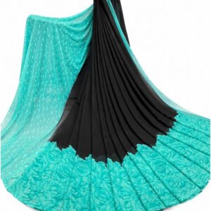 Spherevant Women's Georgette Printed Saree With Unstitched Blouse 5.5Mtr (Black-Turquoise)