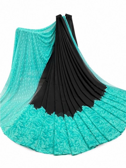 Spherevant Women's Georgette Printed Saree With Unstitched Blouse 5.5Mtr (Black-Turquoise) - Image 2
