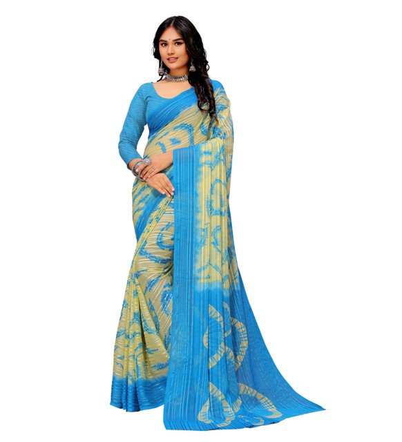 Spherevant Women's Georgette Striped Printed Saree With Unstitched Blouse 5.5Mtr (Blue-Pale Yellow) - Image 2