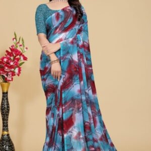 Spherevant Women's Georgette Printed Saree With Unstitched Blouse 5.5Mtr (Blue-Maroon)