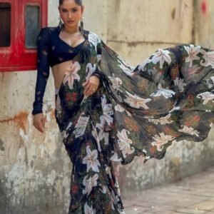 Spherevant Women's Georgette Floral Printed Saree With Unstitched Blouse 5.5Mtr (Black)