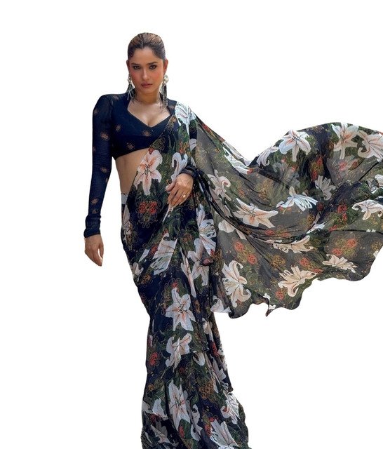 Spherevant Women's Georgette Floral Printed Saree With Unstitched Blouse 5.5Mtr (Black) - Image 2