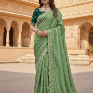 Spherevant Women's Georgette Embroidered Saree With Unstitched Blouse 5.5Mtr (Pista Green)