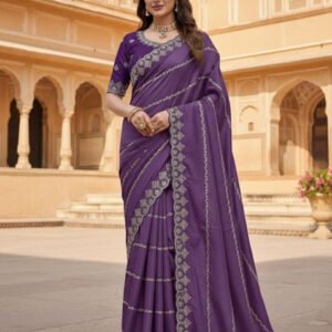 Spherevant Women's Georgette Embroidered Saree With Unstitched Blouse 5.5Mtr (Purple)