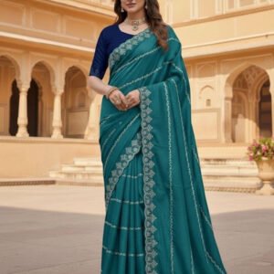 Spherevant Women's Georgette Embroidered Saree With Unstitched Blouse 5.5Mtr (Teal)
