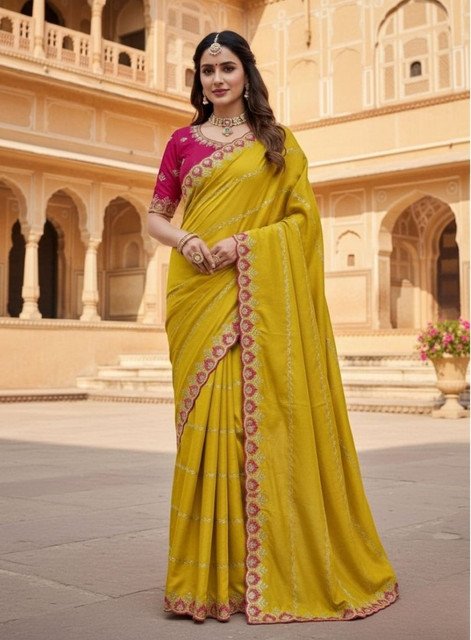 Spherevant Women's Georgette Embroidered Saree With Unstitched Blouse 5.5Mtr (Yellow)