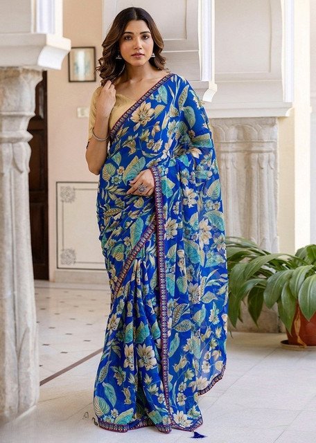 Spherevant Women's Georgette Floral Printed Saree With Unstitched Blouse 5.5Mtr (Blue)