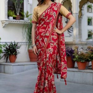 Spherevant Women's Georgette Floral Printed Saree With Unstitched Blouse 5.5Mtr (Red)