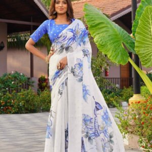 Spherevant Women's Georgette Floral & Butterfly Printed Saree With Unstitched Blouse 5.5Mtr (Off White-Blue)