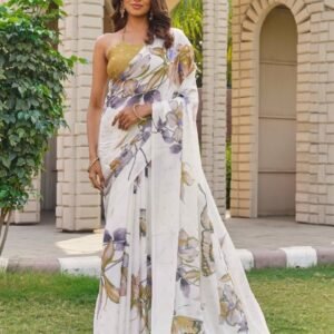 Spherevant Women's Georgette Floral & Butterfly Printed Saree With Unstitched Blouse 5.5Mtr (Off White-Mustard)